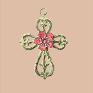 Floral Metal Distressed Cross Wall Accent in Green and Orange